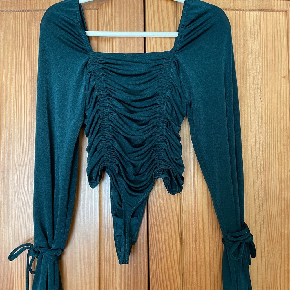 Free People “Meant to Be”  Ruched Bodysuit in Jade Green NWOT!